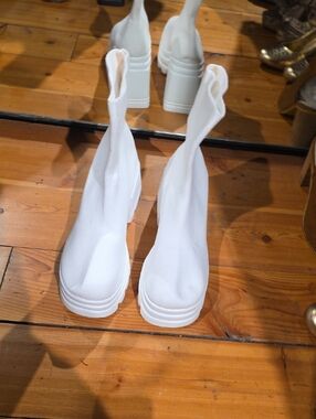 White Stretch-Knit Platform Sock Boots